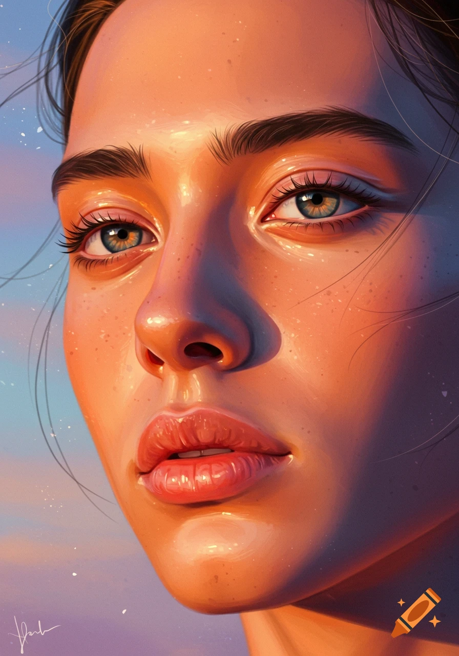 Close-up digital painting of a woman's face with warm light, looking slightly right against a purple and blue sky.