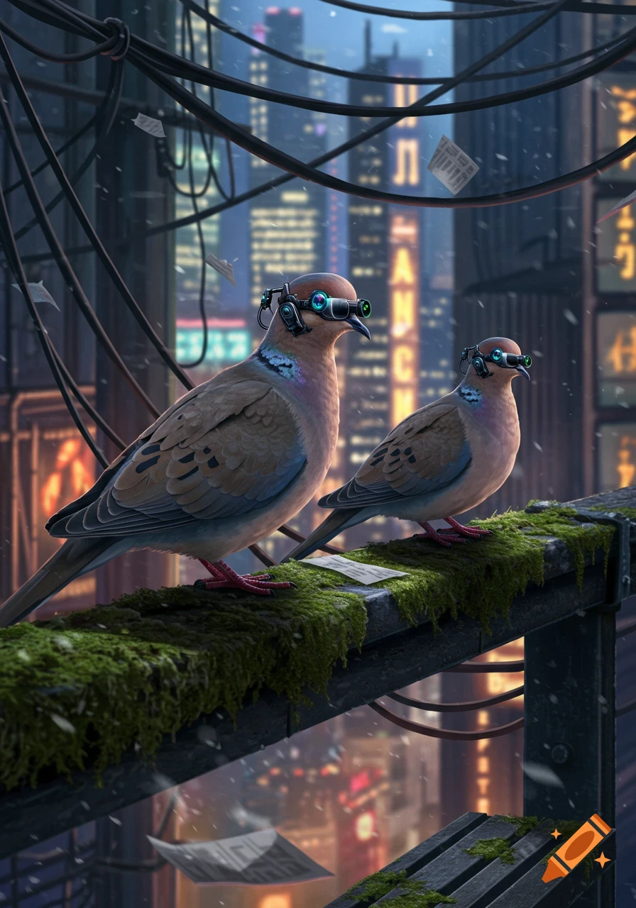 Two mourning doves wearing futuristic goggles perch on a mossy railing, overlooking a rainy, neon-lit cyberpunk city at night.