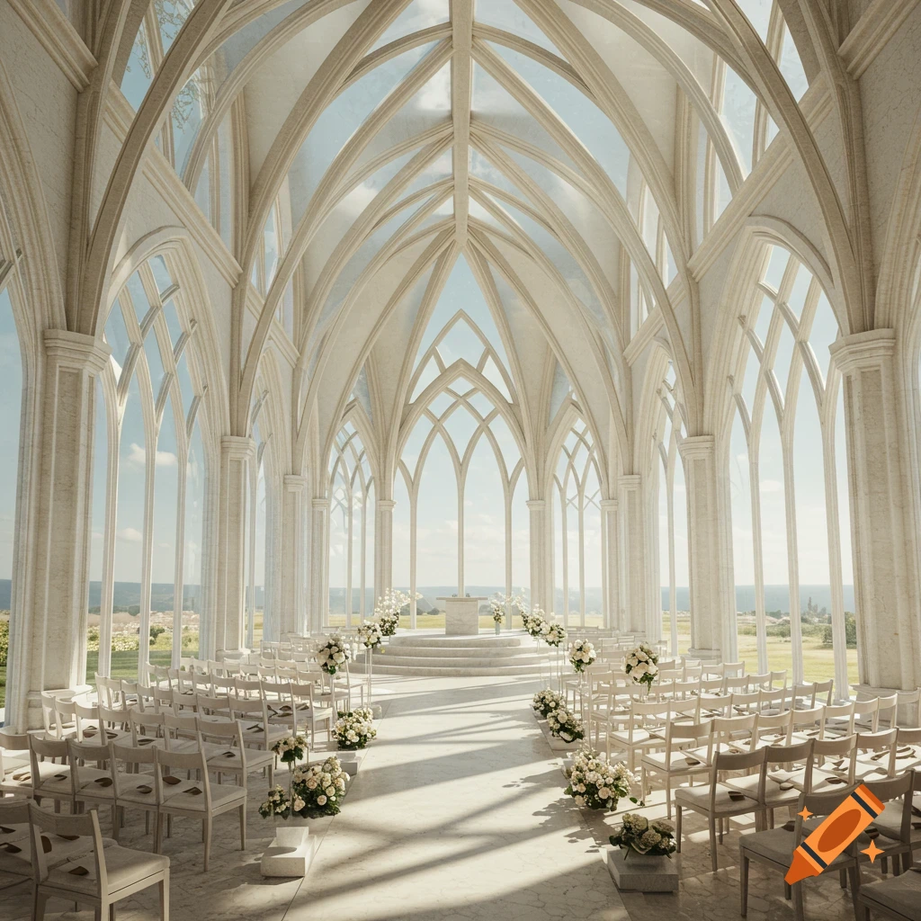 A bright, photorealistic modern wedding chapel with white gothic architecture, glass walls, white chairs, and floral decor.