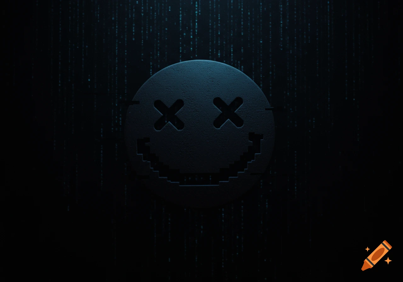 Dark, glitchy smiley face with X eyes and pixelated mouth, against a black background with matrix-style falling binary code.