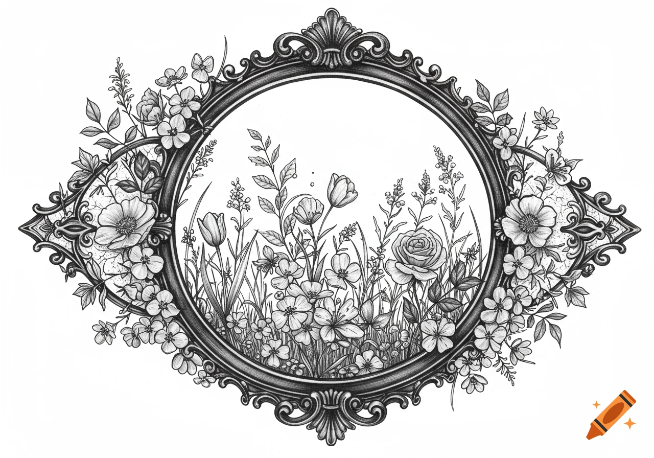 A detailed black and white illustration of an ornate oval frame surrounded by and filled with various wildflowers, roses, and tulips.