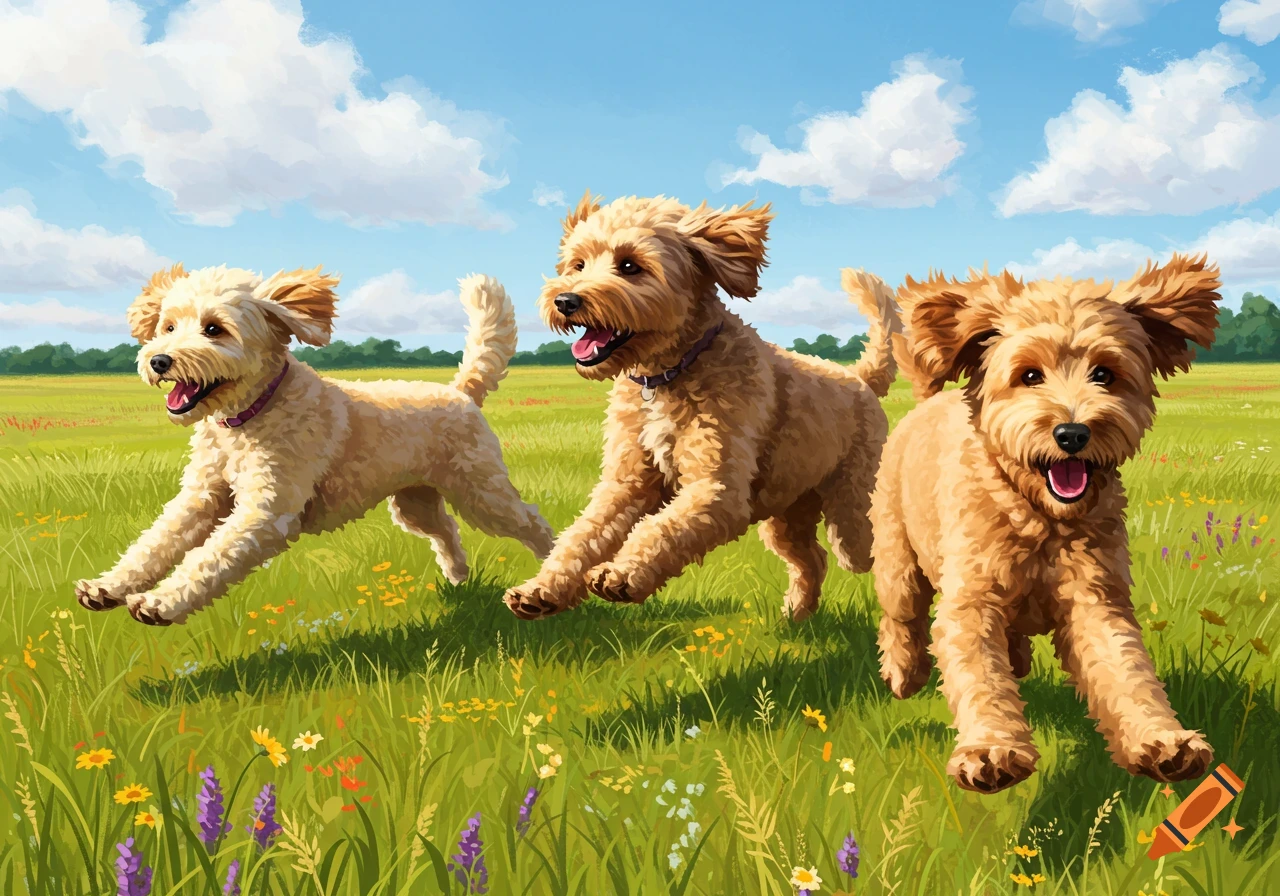 Three fluffy Goldendoodle dogs happily run and leap through a vibrant green field under a sunny sky.