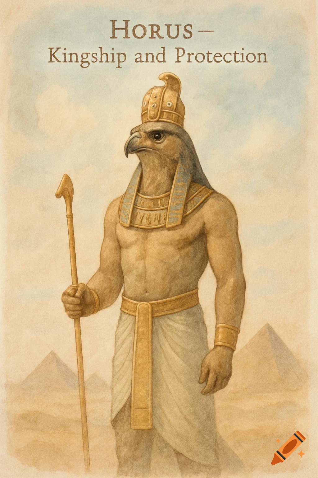 A soft-toned painterly illustration of Horus, the ancient Egyptian falcon-headed god, holding a scepter, in a desert with pyramids.