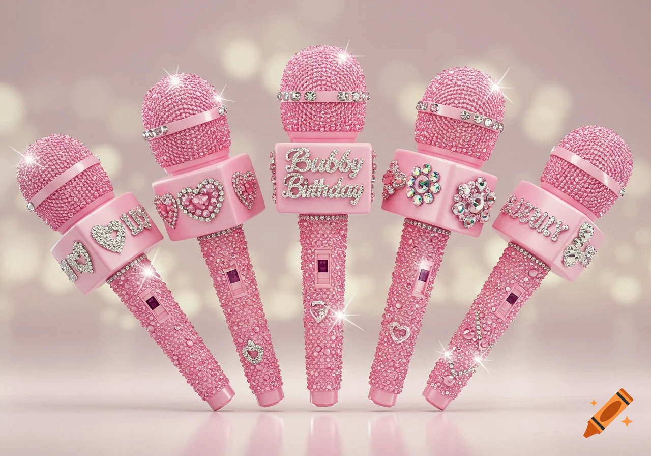 Five sparkling pink microphones adorned with rhinestones, hearts, and flowers, displayed on a pink surface.