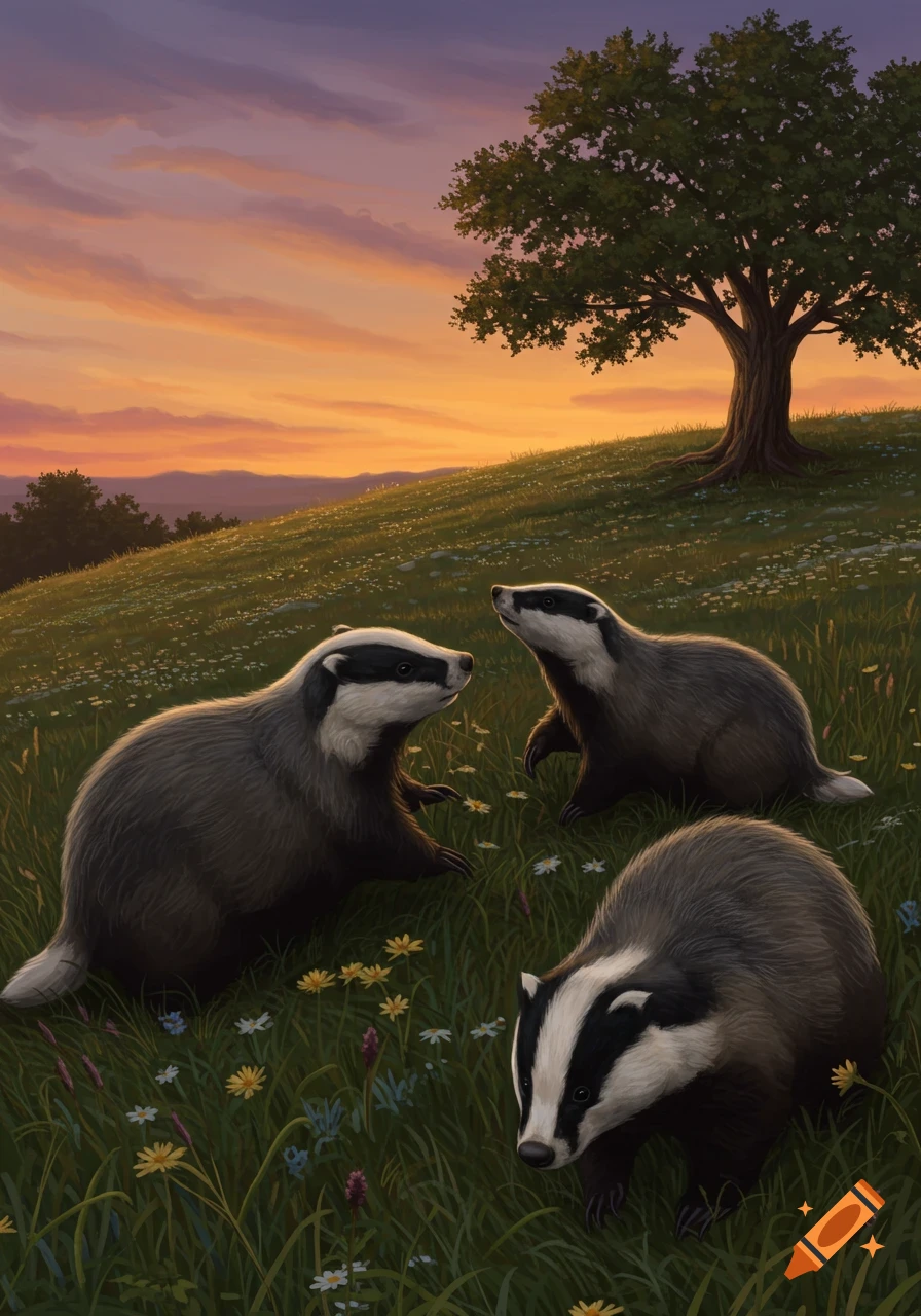 Three badgers in a grassy meadow with wildflowers under a colorful sunset sky, with a large tree on a hill.