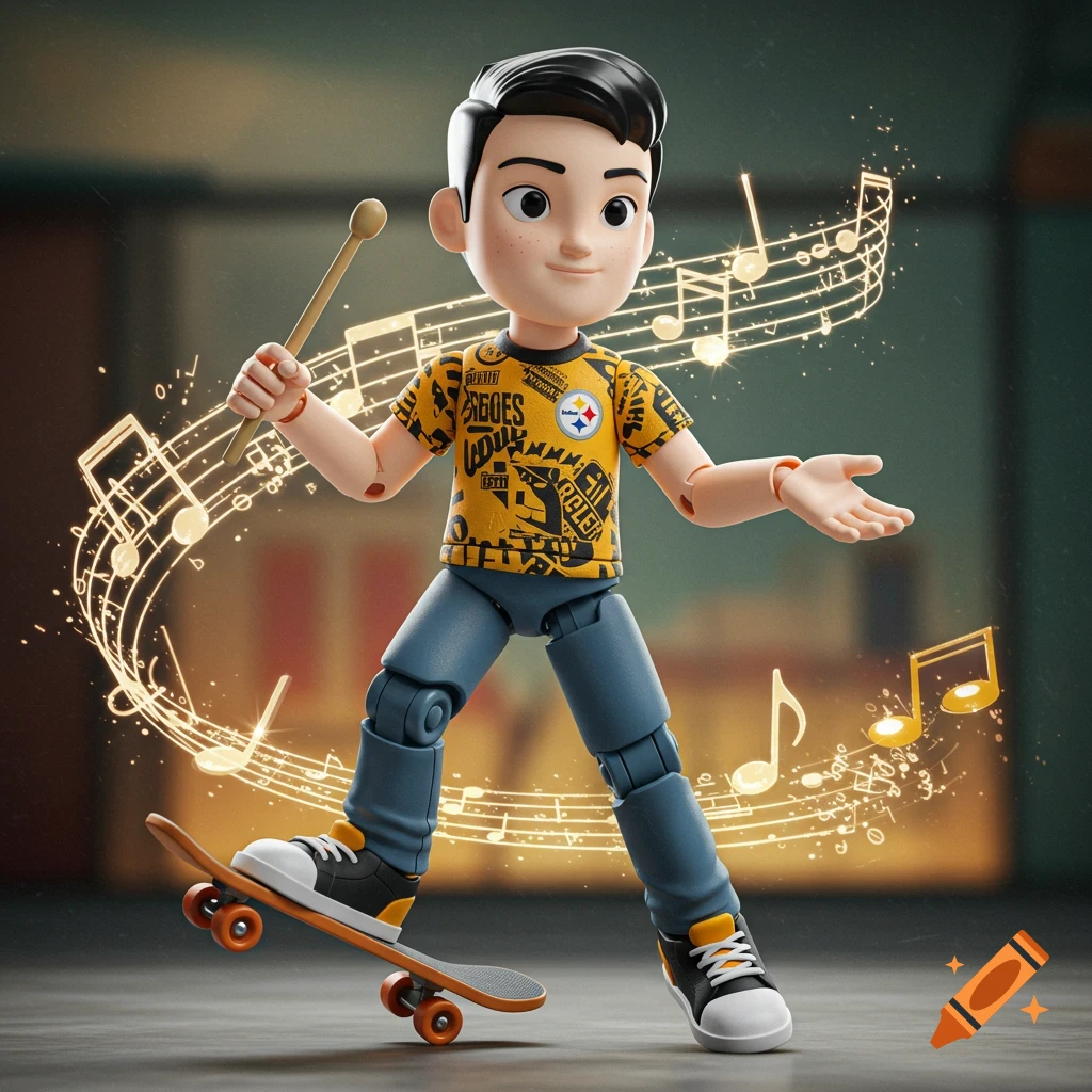 A male action figure holding drumsticks, standing on a skateboard, surrounded by glowing music notes. He wears a yellow Pittsburgh Steelers t-shirt.