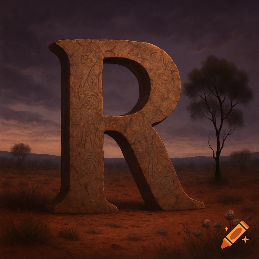 A large stone letter R stands in a red, barren landscape under a dark sky, with a tree in the background.