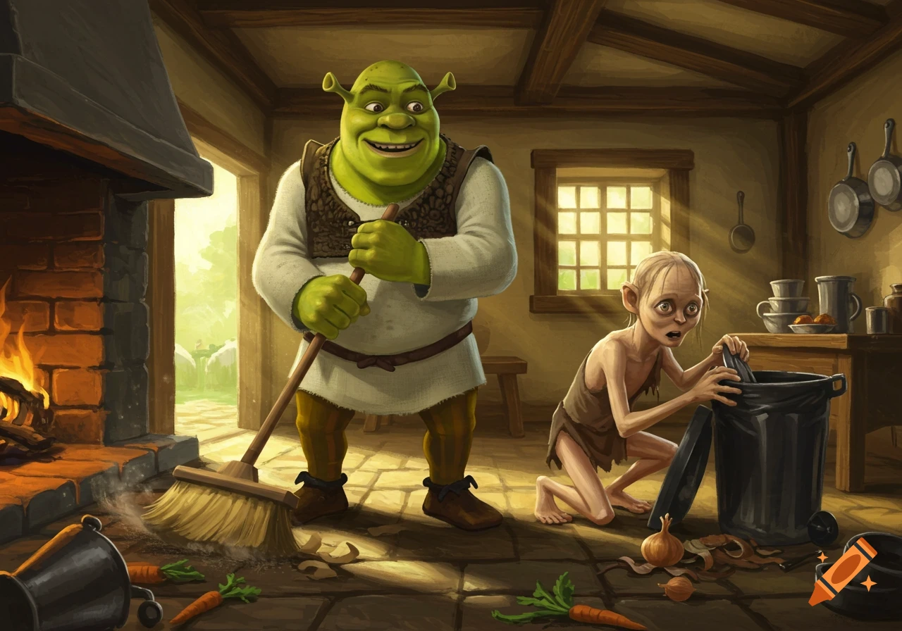 Shrek sweeping the floor while Gollum empties a garbage bin in a rustic kitchen.