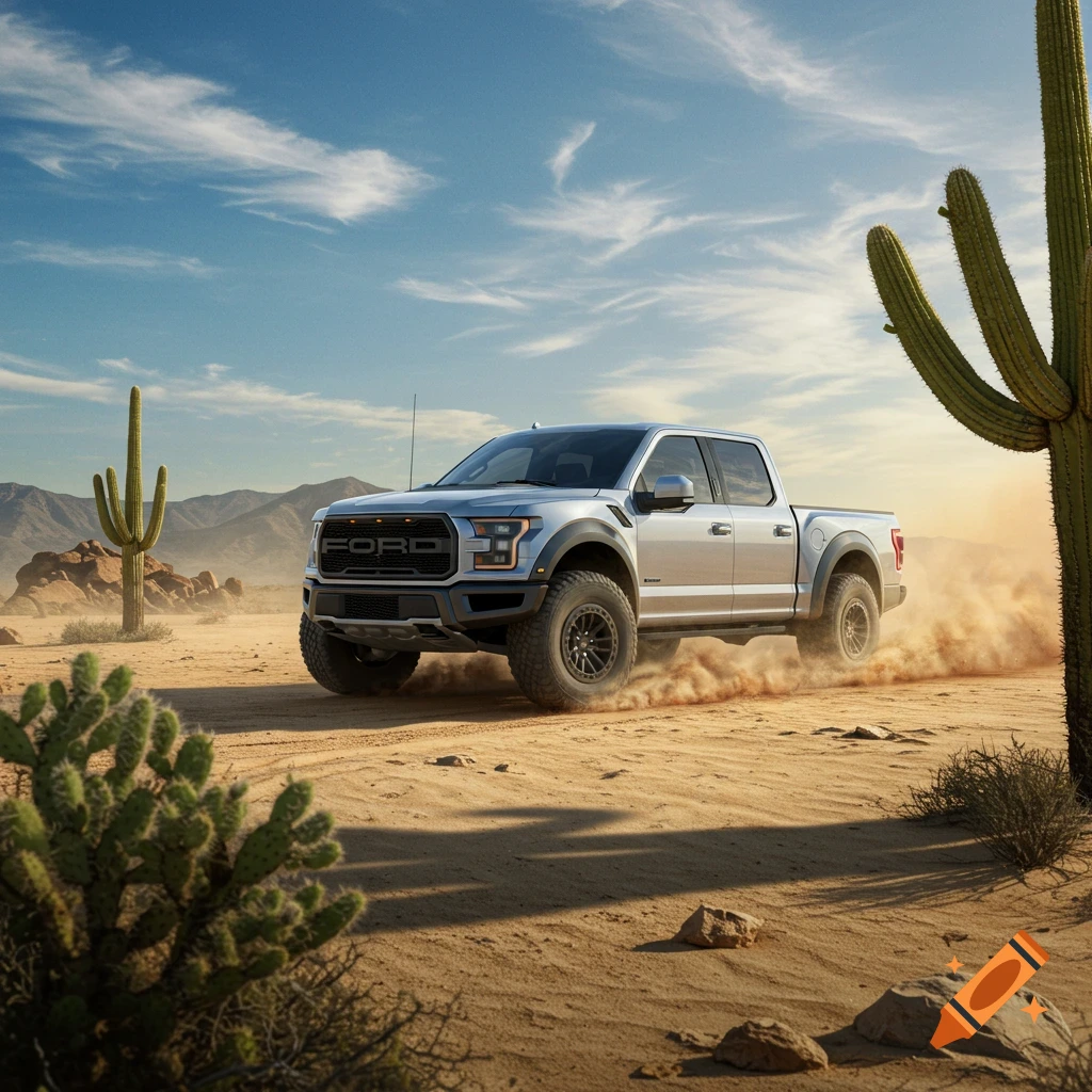 A silver Ford Raptor pickup truck drives through a dusty desert landscape with cactuses under a blue sky.