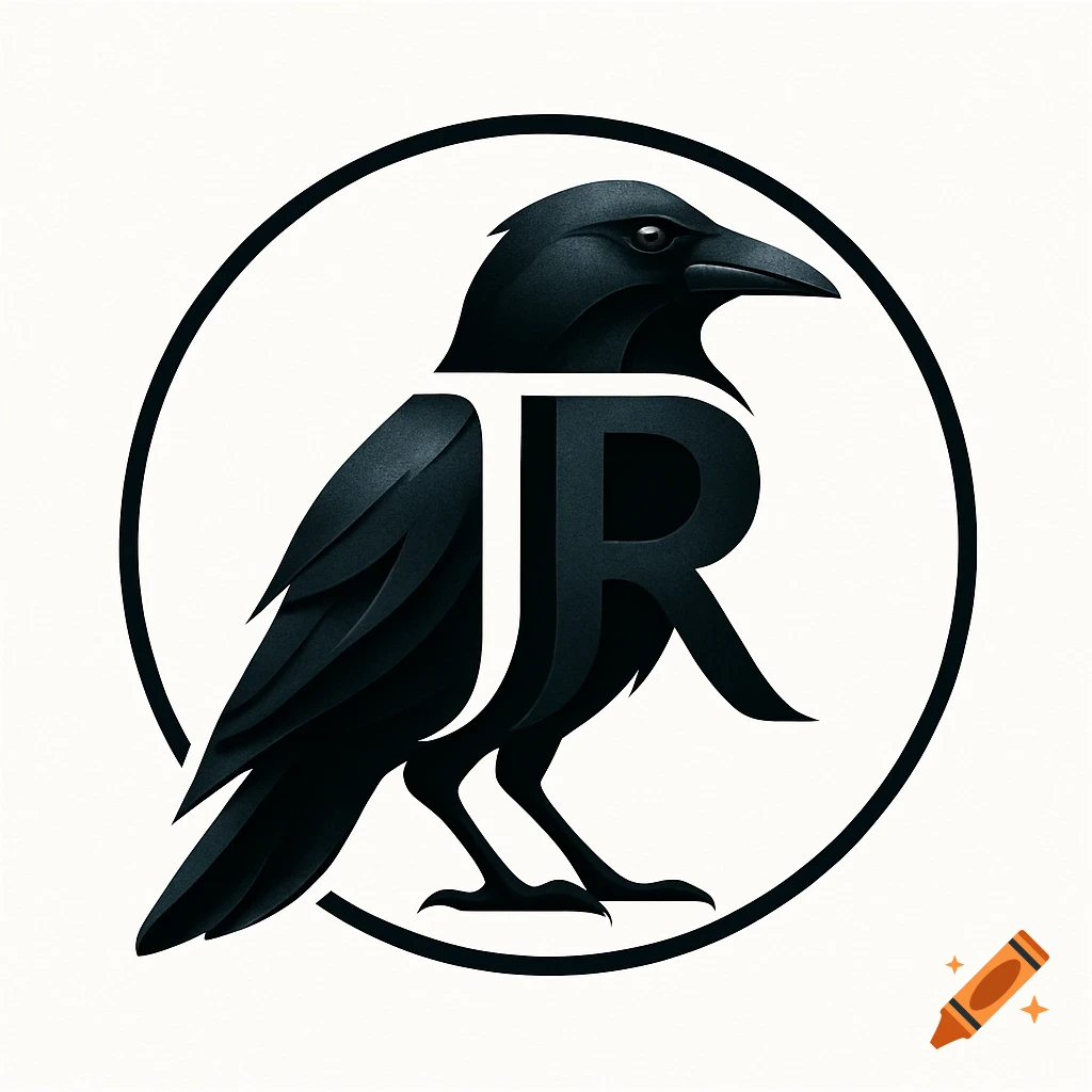 Black crow logo with stylized letters J and R integrated into its body, inside a black circle on a white background.