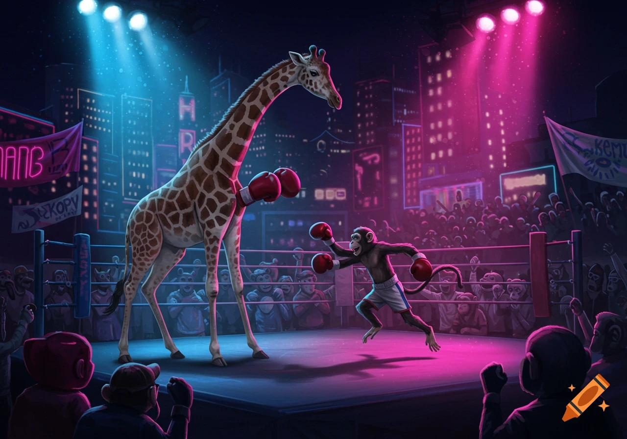 A giant giraffe wearing red boxing gloves fights a small monkey in a boxing ring under neon lights, with a crowd of animal spectators in a city at night.
