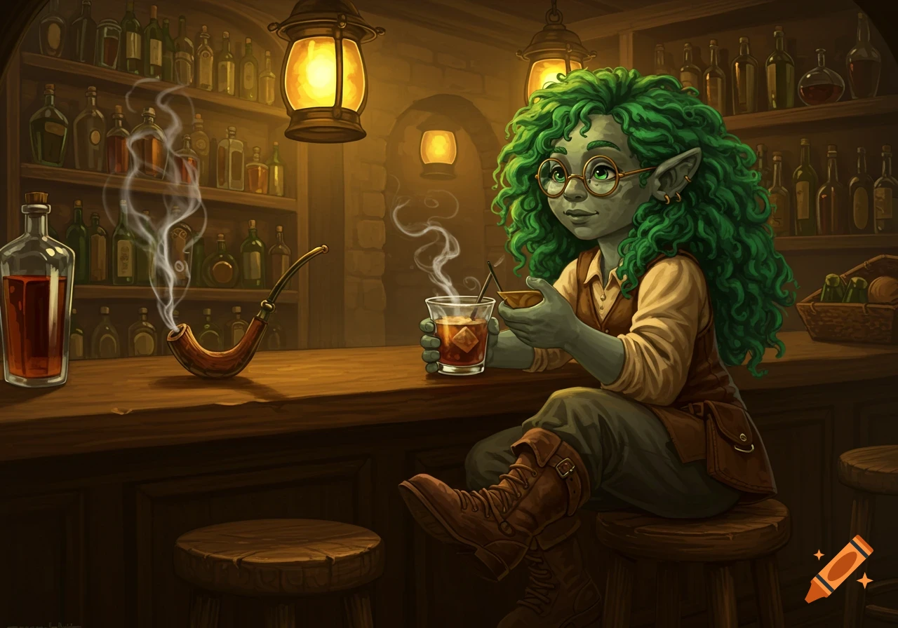 Green-haired rock gnome with glasses sitting at a rustic bar, holding a drink, with a smoking pipe nearby. Fantasy illustration.