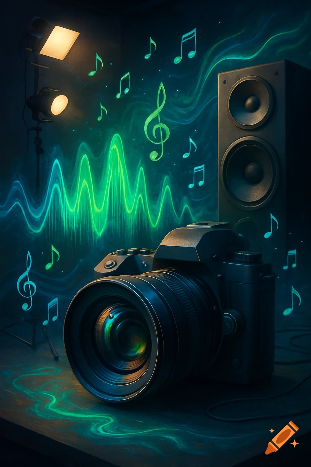 A camera with a large lens sits in front of a speaker, surrounded by vibrant green and blue glowing sound waves and floating musical notes. Studio lights illuminate the scene.