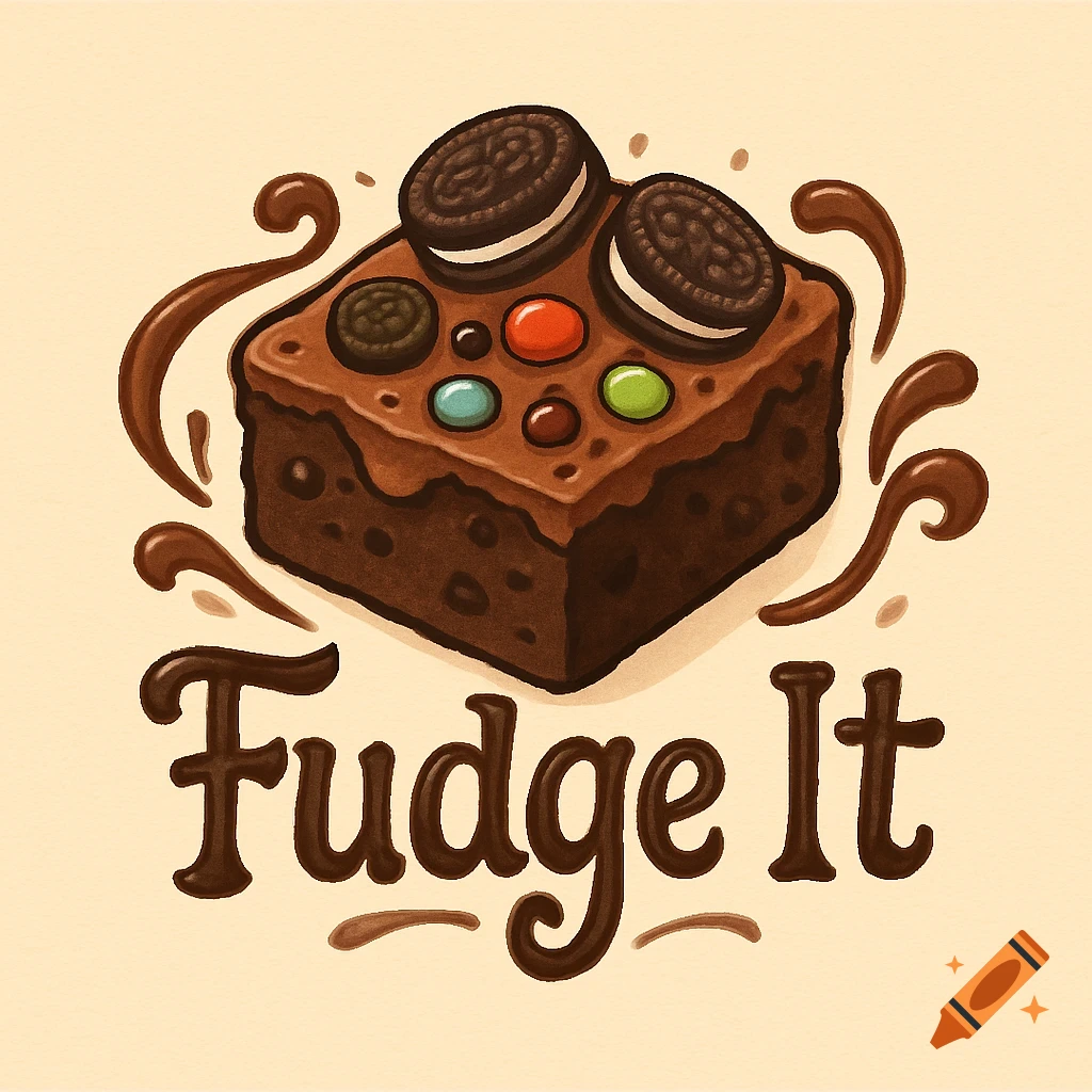 A cute, cartoonish logo of a chocolate brownie topped with chocolate drizzle, Oreo cookies, M&Ms, and chocolate chips, with the text 'Fudge It' below it.