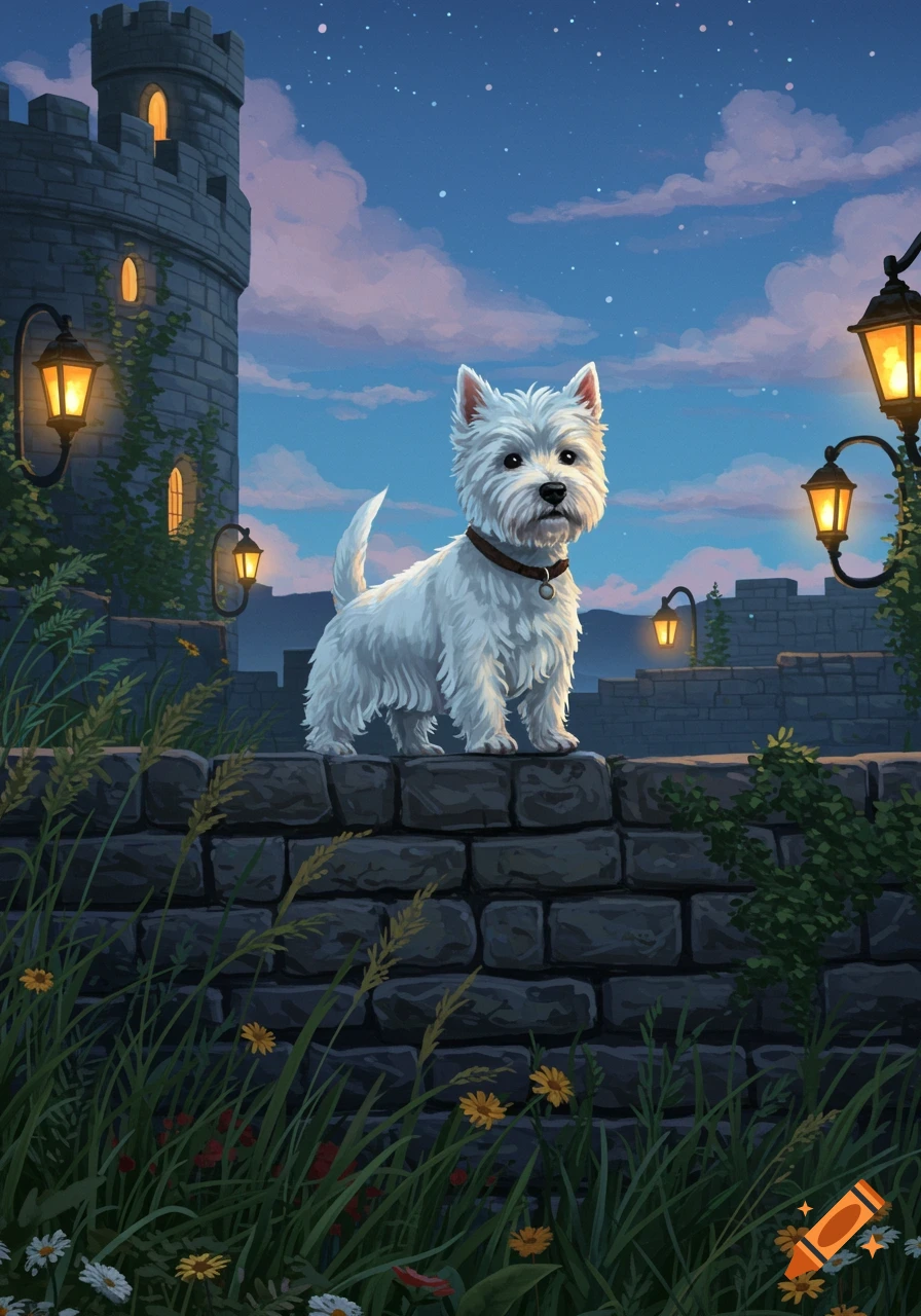 An illustrated white Westie stands on a stone wall at night, with a castle, lanterns, and starry sky.