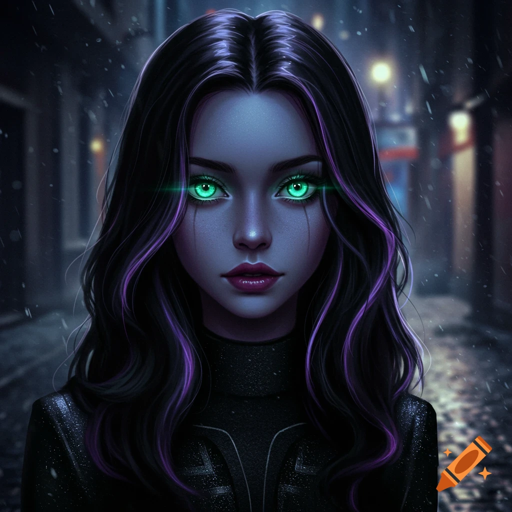 Digital art portrait of a girl with glowing green eyes and black hair with purple streaks, standing in a dark, rainy city street.
