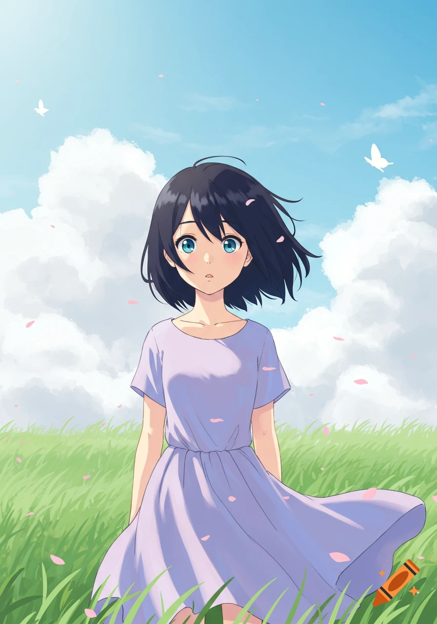 Anime girl with dark hair and blue eyes in a purple dress standing in a green field with falling pink petals under a blue sky.