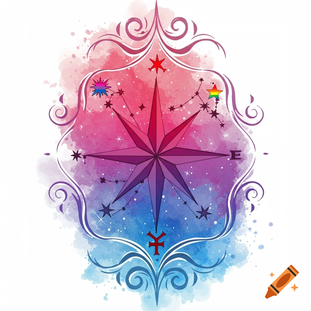 A vibrant watercolor tattoo design featuring a purple and pink compass rose on a blue and pink background, with scrollwork, stars, and pride flag colors.