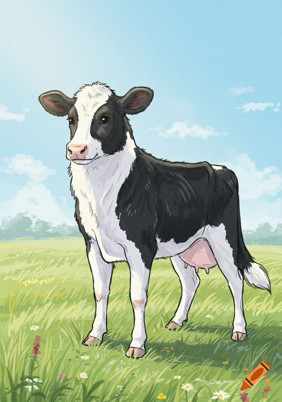 An illustration of a black and white calf standing in a green field with wildflowers under a blue sky.