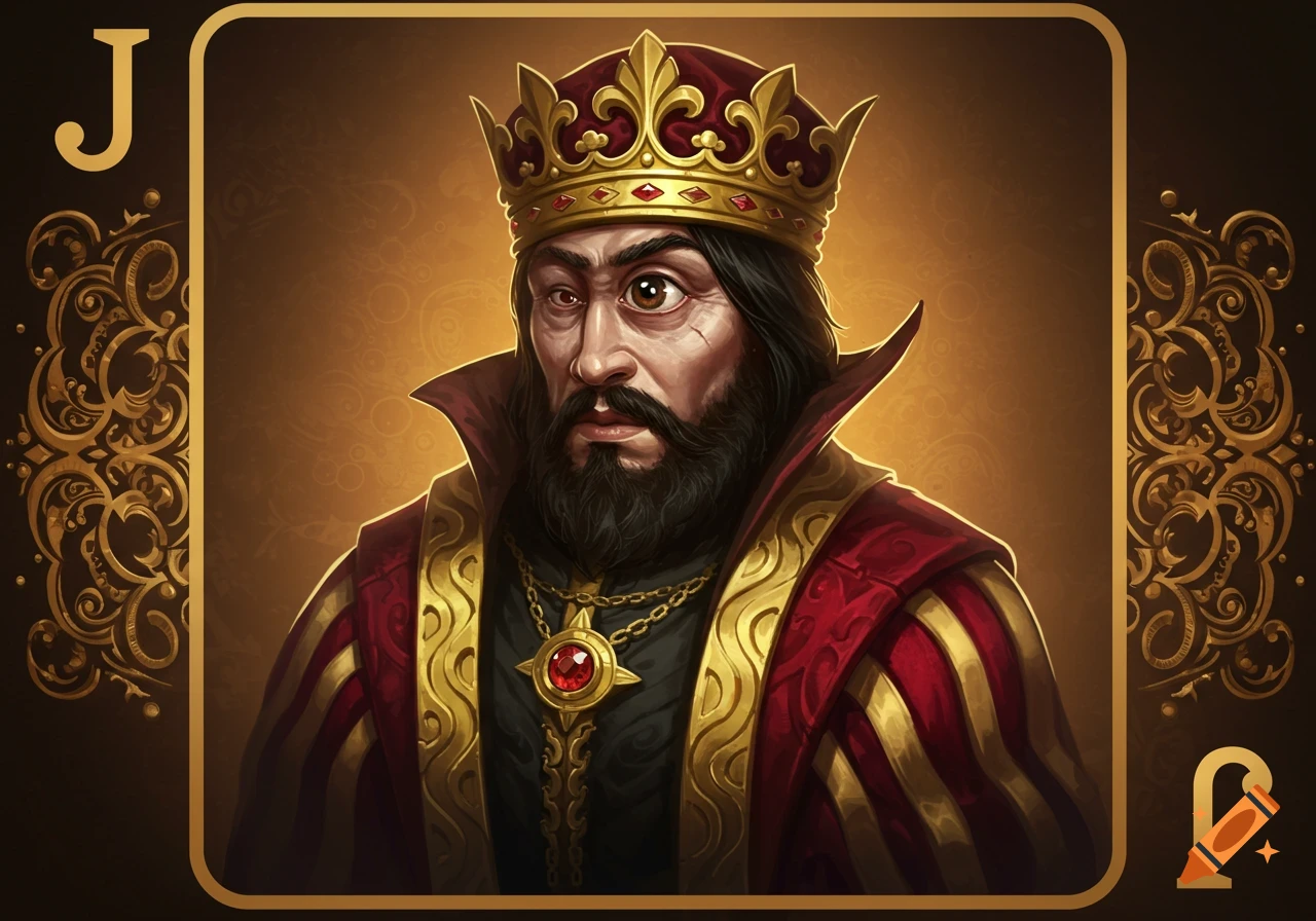 Stylized portrait of a one-eyed jack or king in a crown and red robes, framed like a playing card with 'J' symbols.