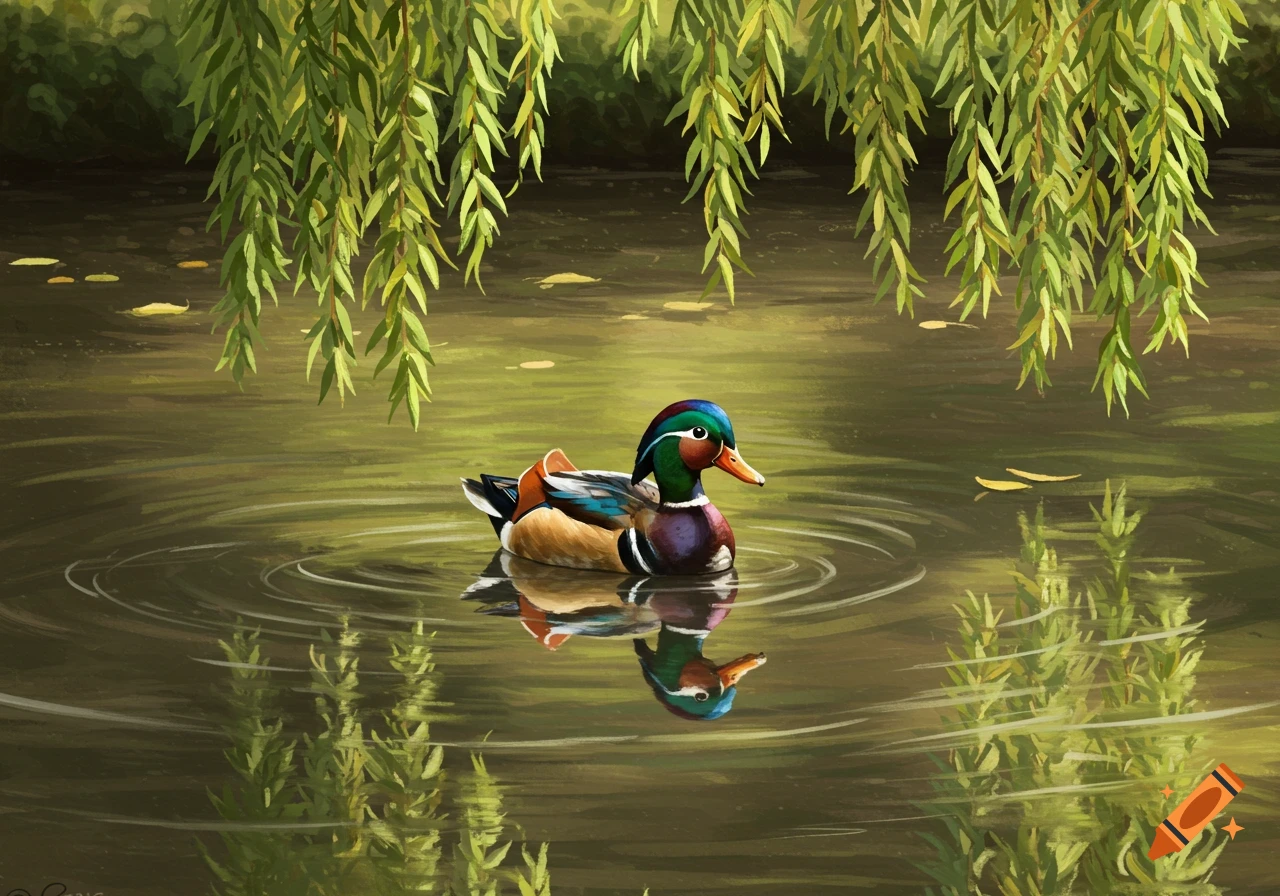 A colorful wood duck swims in a pond under weeping willow branches, with ripples on the water.