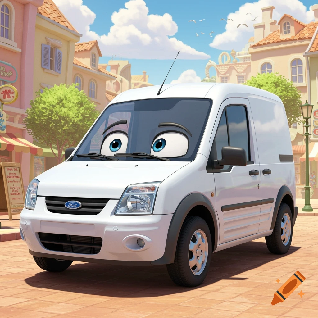 A white Ford Transit Connect van with large cartoon eyes on its windshield, in a Pixar Cars animation style, parked on a paved street in a colorful, animated town under a blue sky.