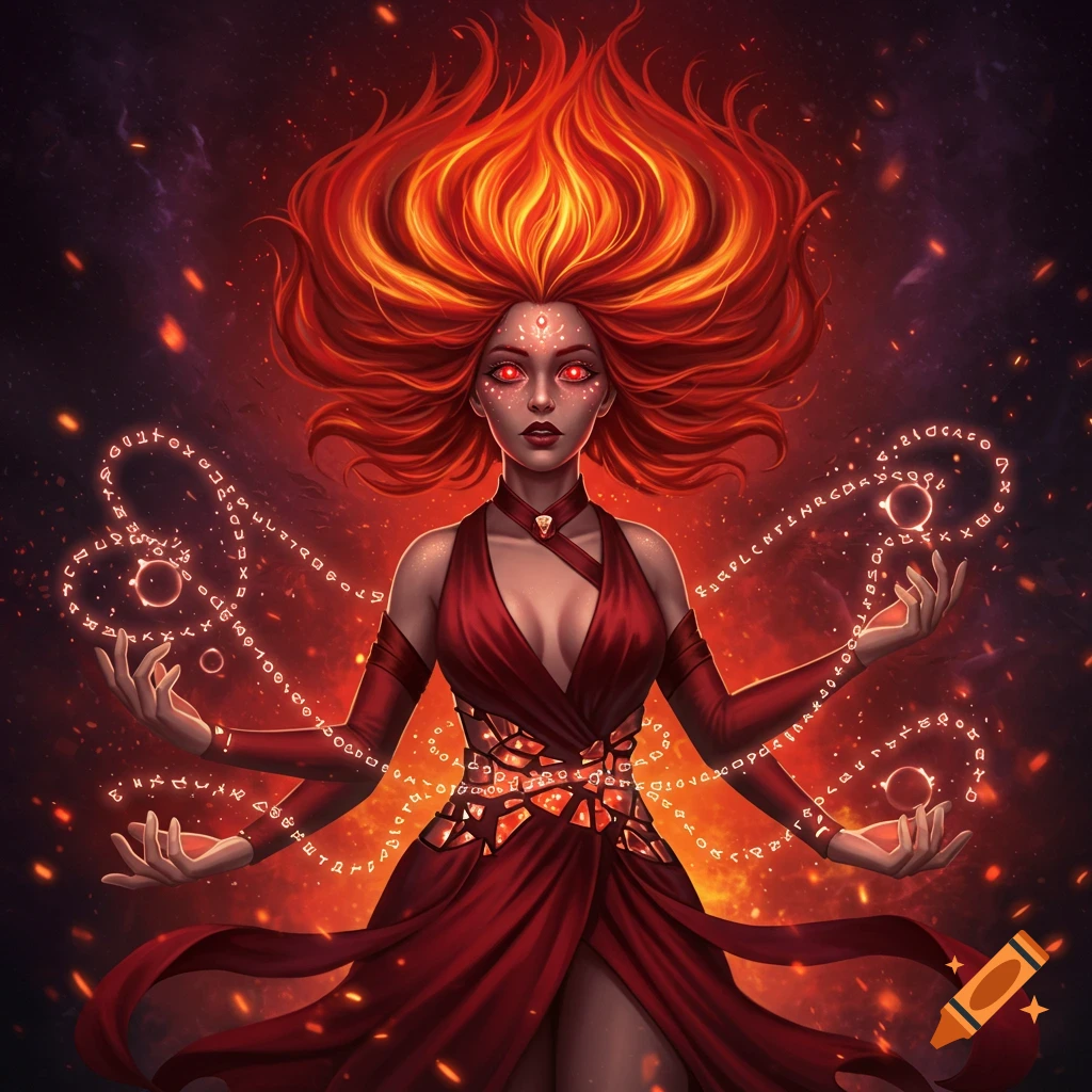 A fantasy woman with flaming red hair and glowing red eyes, wearing a red dress and surrounded by swirling luminous runic symbols. Her hands are outstretched.