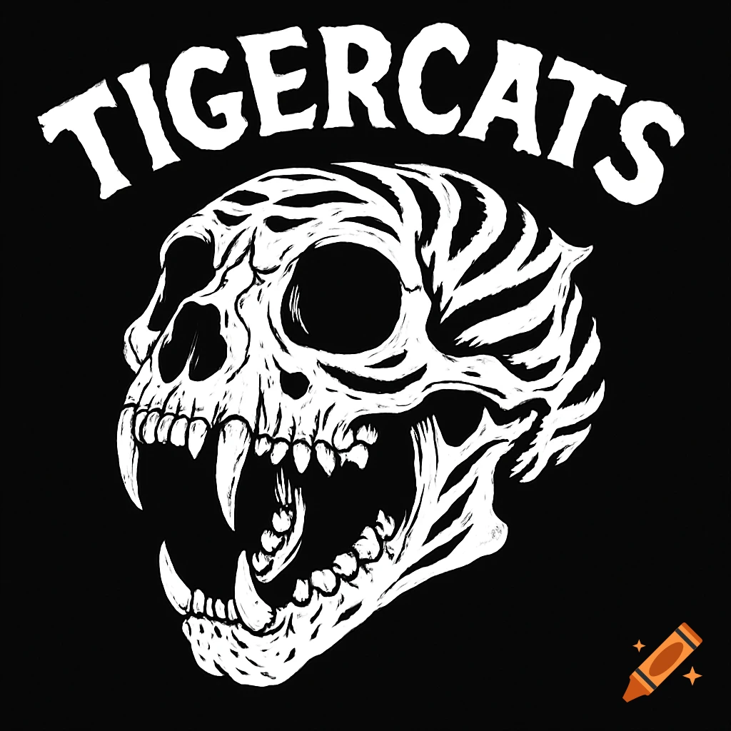 Black and white illustration of a stylized tiger skull with an open mouth and fangs, with the word TIGERCATS arched above it.