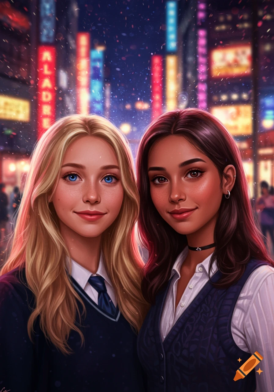 Stylized portrait of a blonde girl with blue eyes and a brunette girl with brown eyes in a neon-lit city at night.