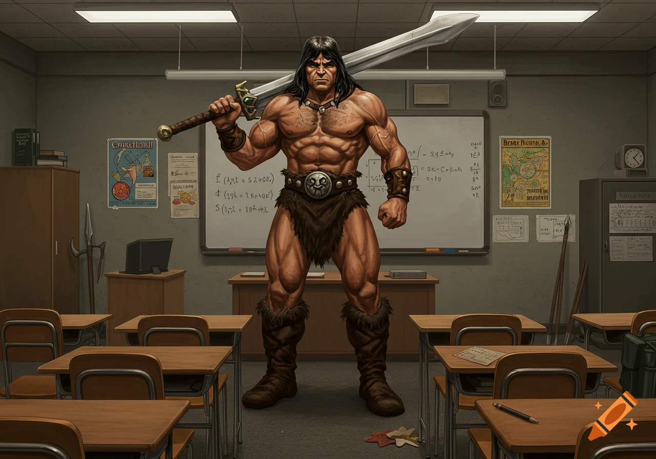 Conan the Barbarian, muscular and wielding a large sword, stands in the middle of a classroom filled with desks.