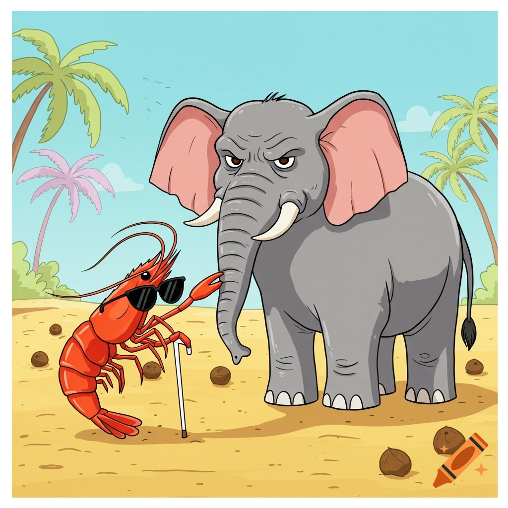A cartoon shrimp wearing sunglasses and holding a white cane touches an annoyed elephant on a sunny beach with palm trees.