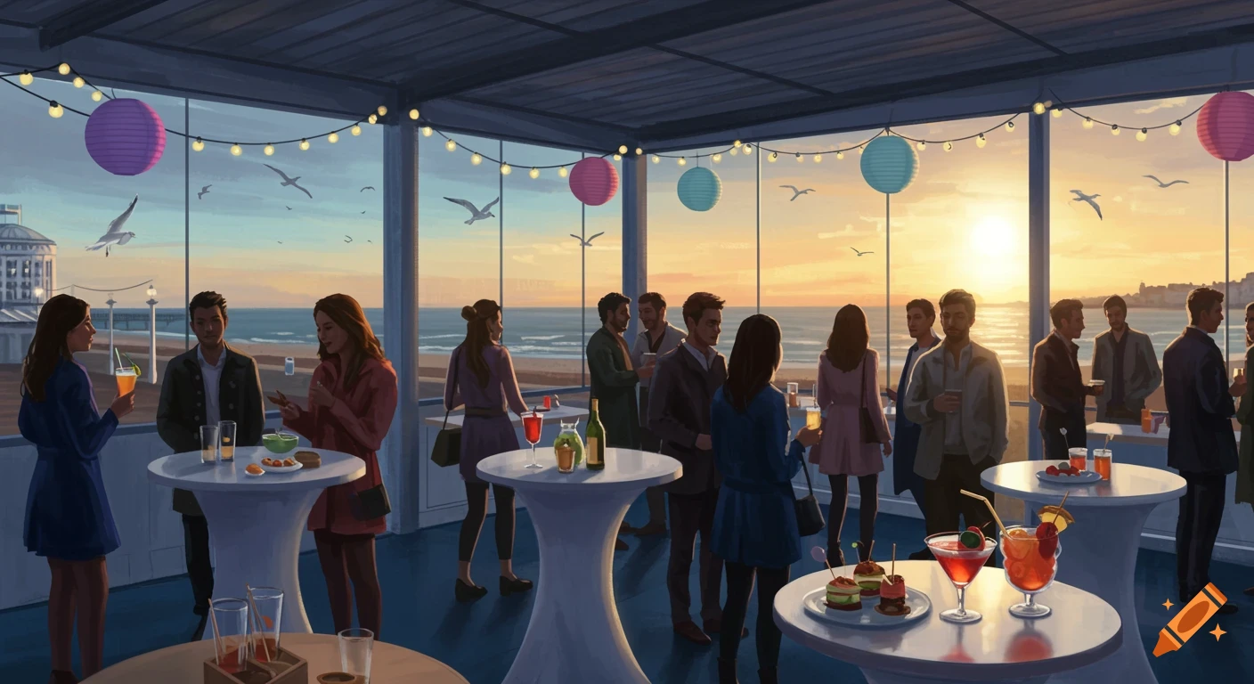 People mingle at a lively drinks and canape reception with a sunset beach view from a large windowed room.