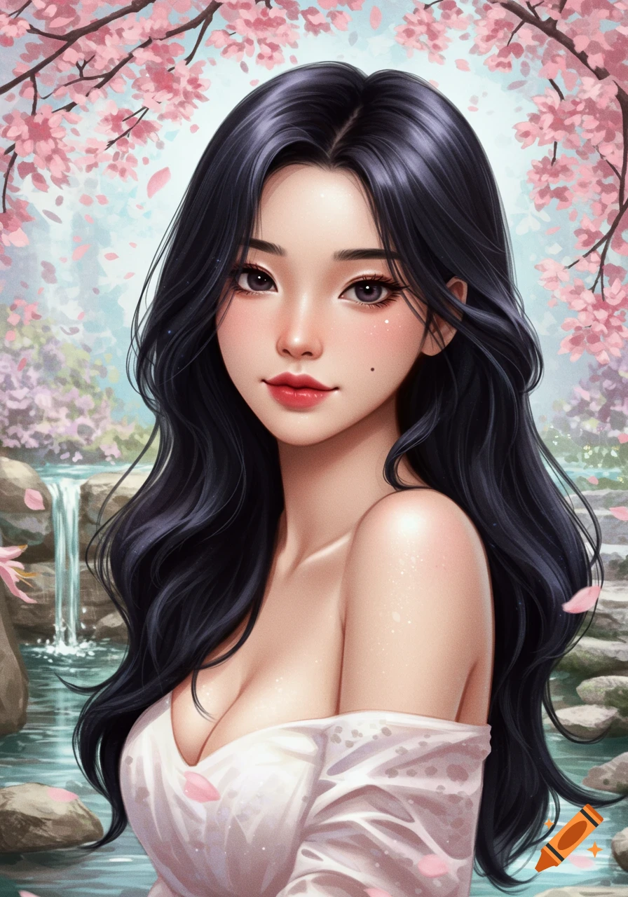 A beautiful woman with dark hair in a white top amidst pink cherry blossoms and a waterfall, in a digital art style.