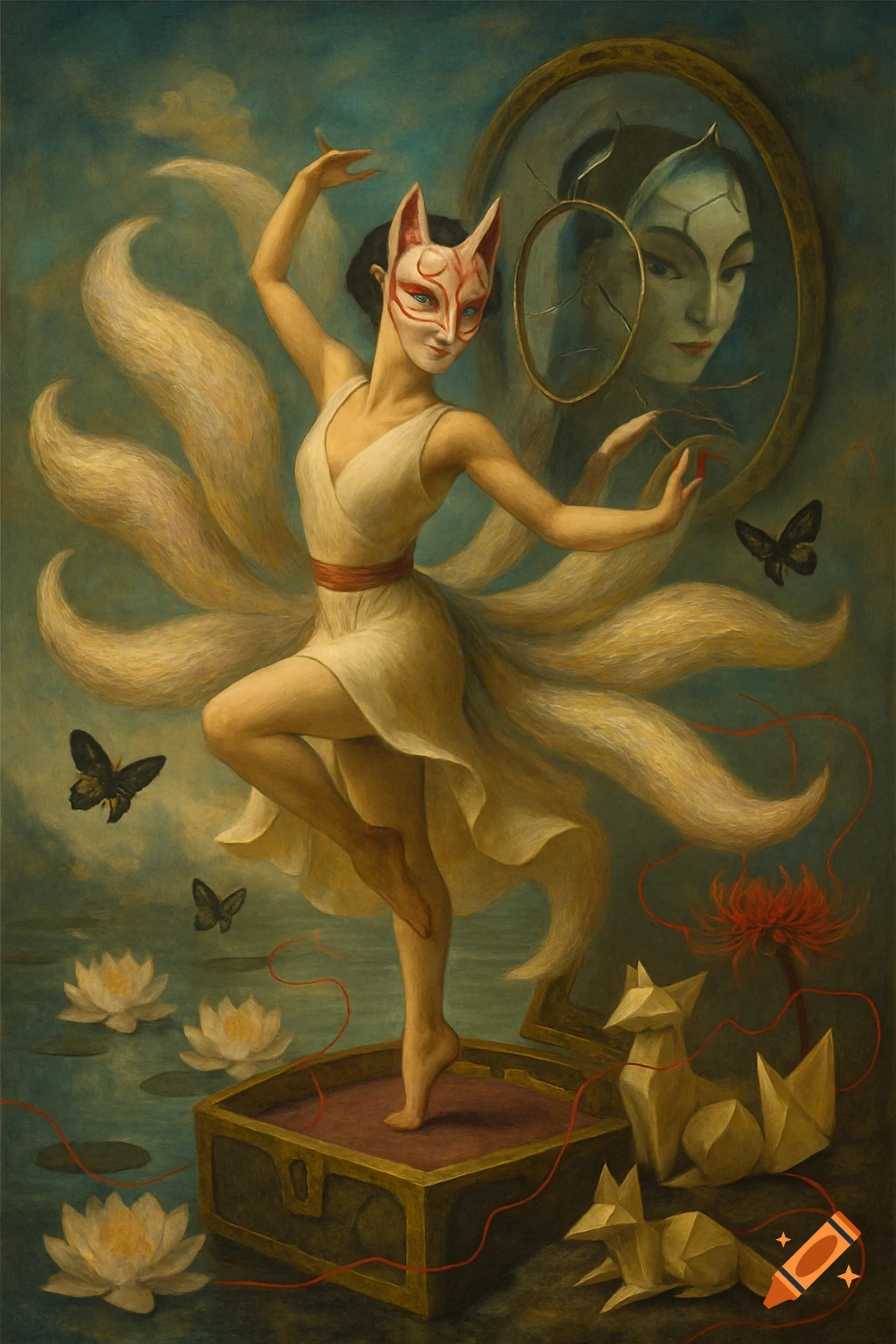 Surreal painting of a fox-masked woman with many tails dancing, surrounded by lotus flowers, origami foxes, and a cracked mirror.