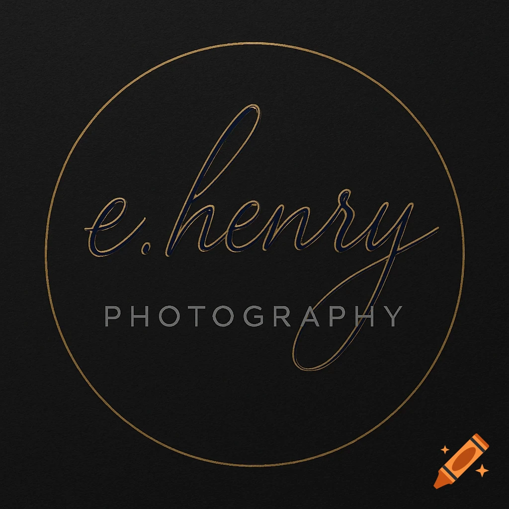 A circular logo with a gold outline on a textured matte black background. Inside, 'e.henry' is written in gold-outlined navy blue script, with 'PHOTOGRAPHY' in gray sans-serif text below.