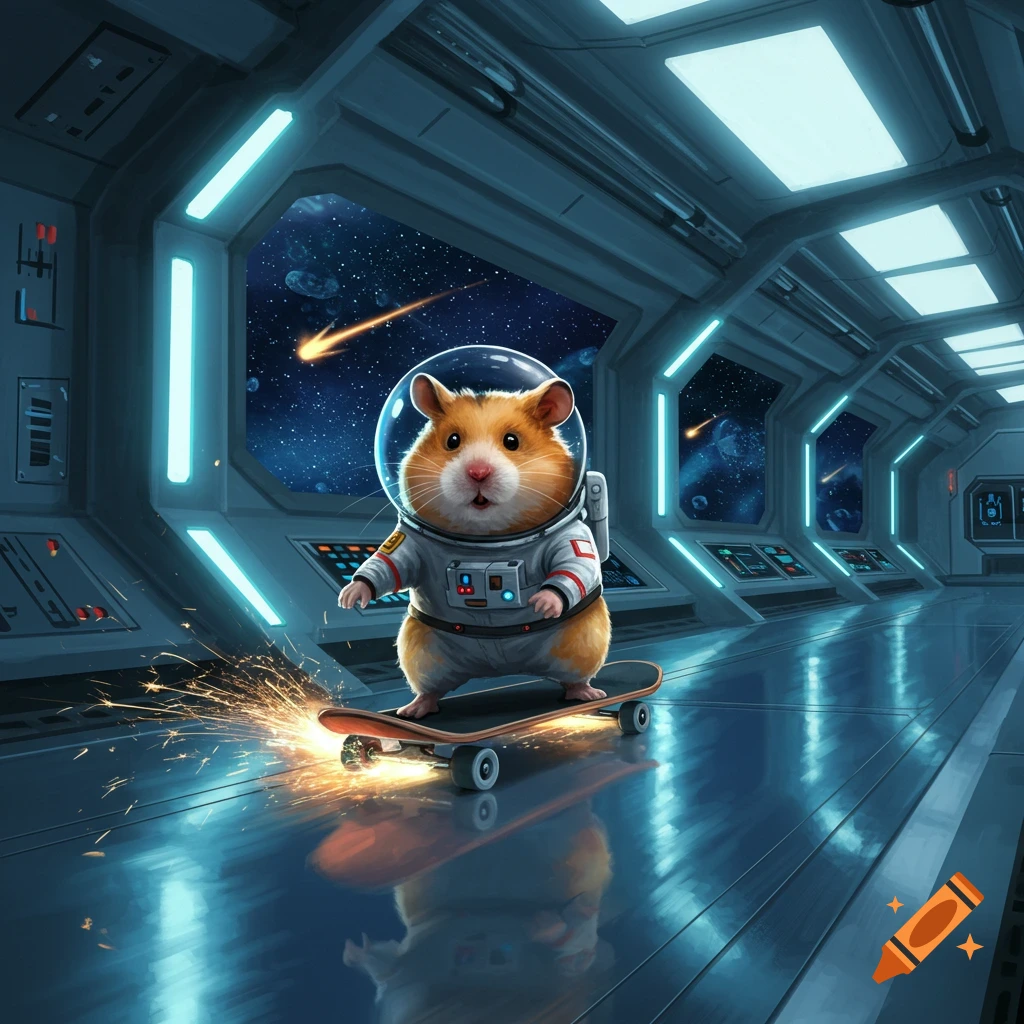 A cute hamster astronaut on a skateboard with sparks flying, riding down a futuristic spaceship corridor with space visible.