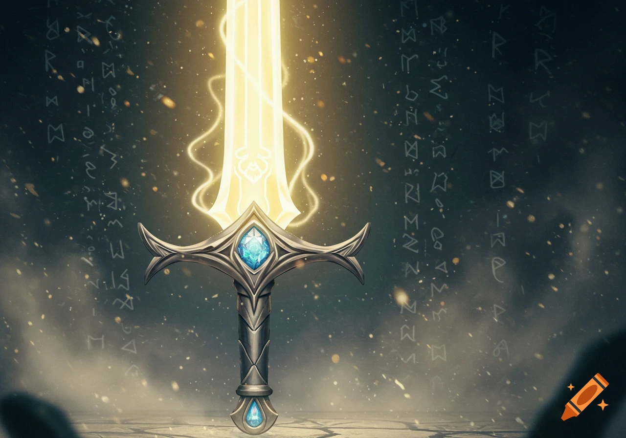 A glowing golden light blade fantasy sword with a silver hilt and blue gems, against a dark background with rune-like symbols.