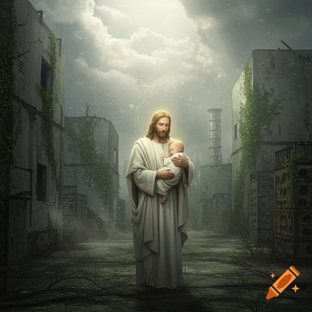 Jesus in white robes holds a baby in a desolate, ruined city with a large industrial tower under a cloudy sky.