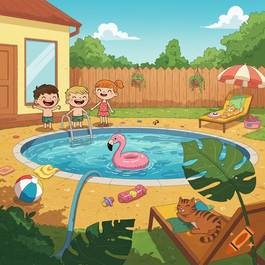 Cartoon illustration of a sunny backyard with children playing near a swimming pool and cats relaxing on lounge chairs.