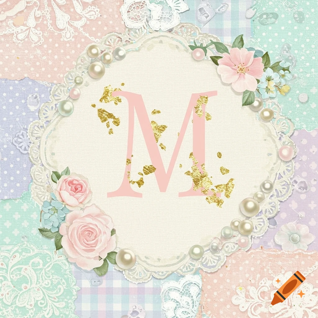 A decorative pink letter 'M' with gold foil flecks, surrounded by white lace, pearls, and pink and blue flowers, set against a pastel patchwork background.