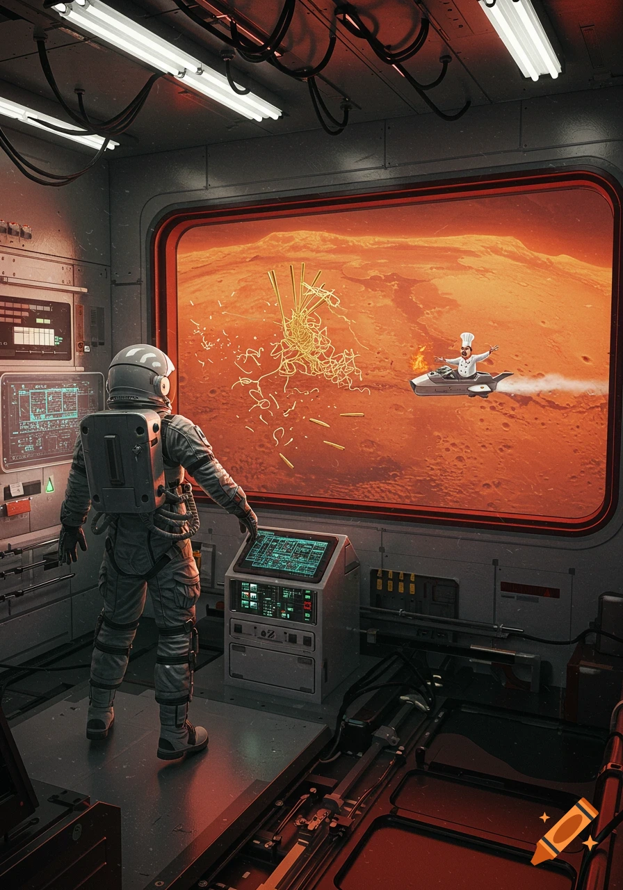 An astronaut inside a space station on Mars looks out a window at a chef on a flying vehicle breaking noodles in space.