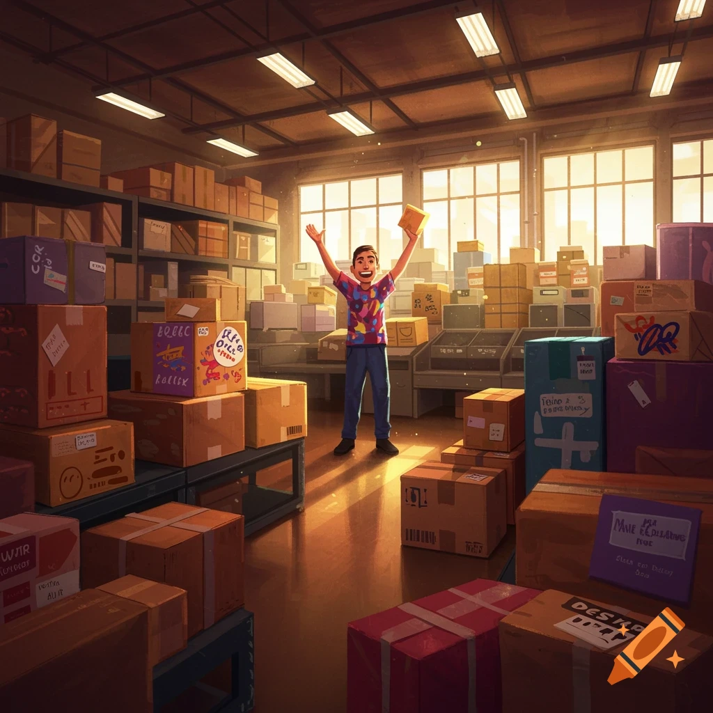 A happy cartoon man stands with arms raised in a warehouse filled with stacks of cardboard boxes.