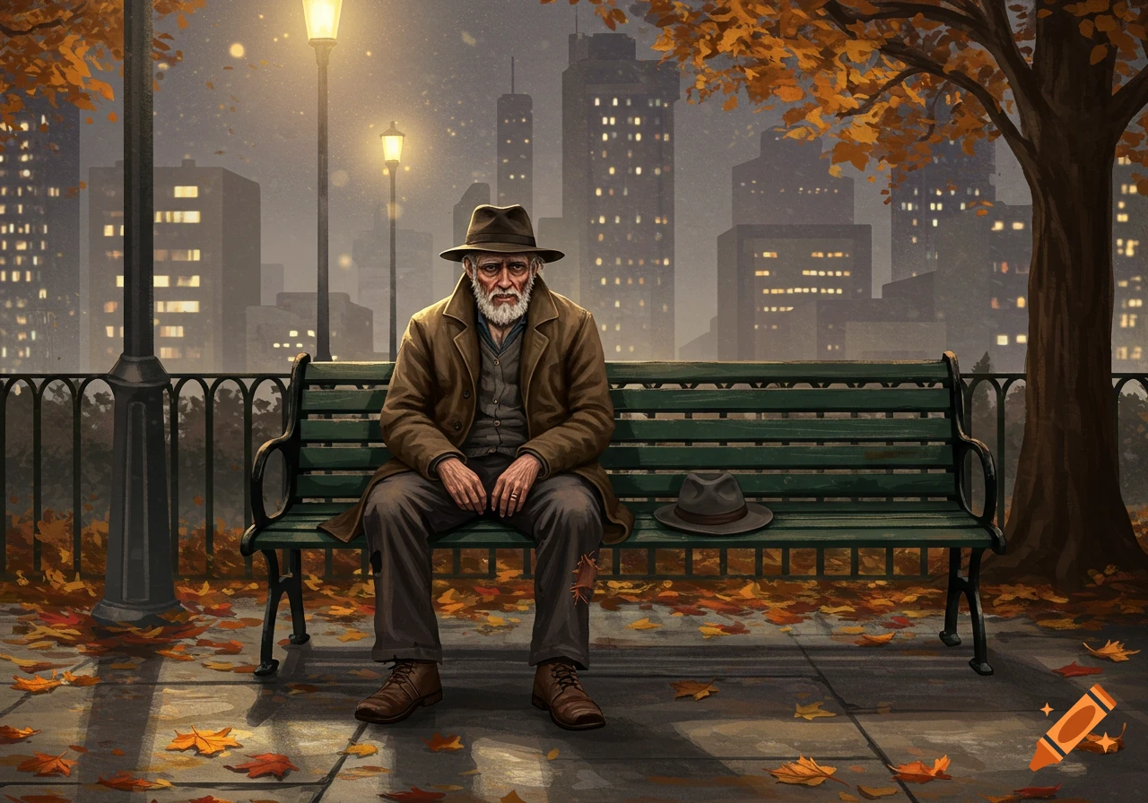 An old, bearded man in a brown coat and fedora sits on a green park bench amidst fallen autumn leaves, with city buildings in the misty background at dusk.
