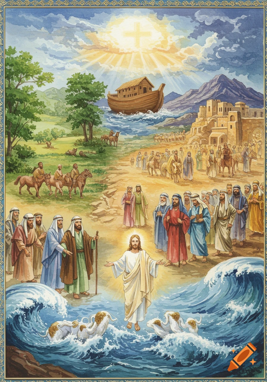 A watercolor painting depicting multiple biblical scenes, including Noah's Ark, Jesus walking on water, and groups of people.