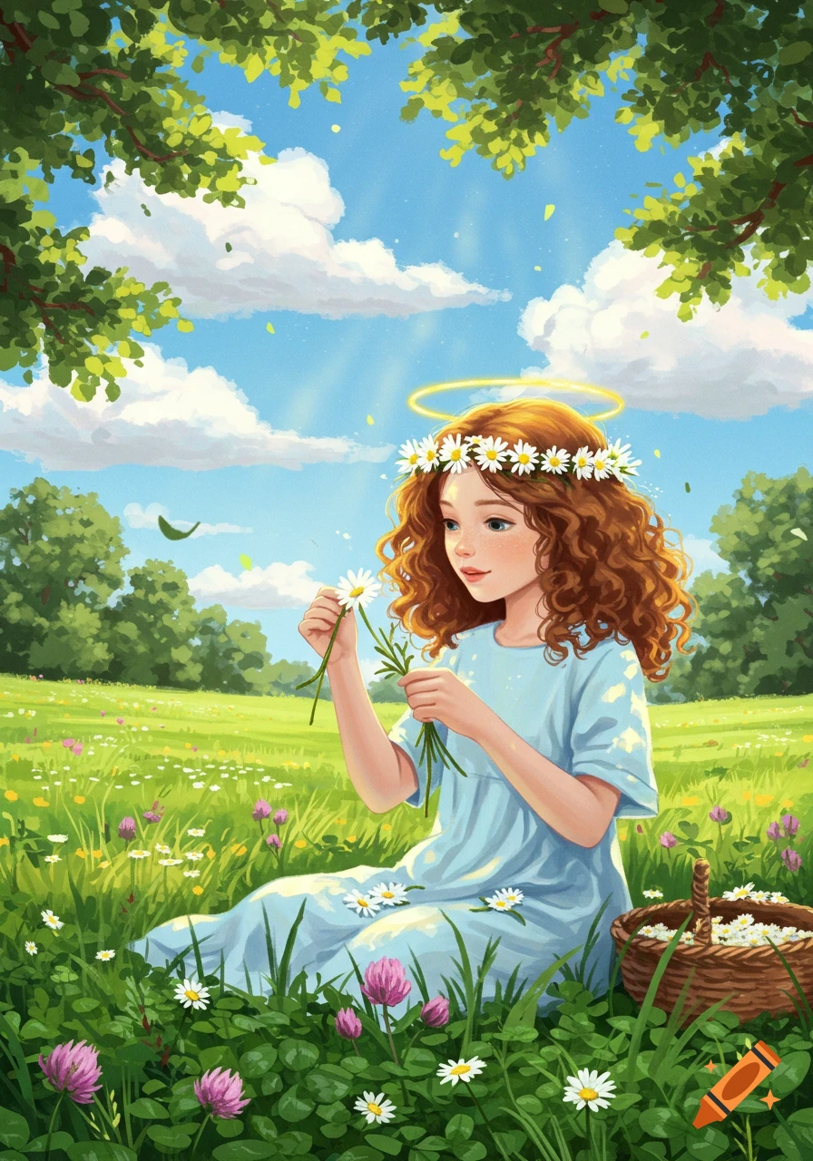 A whimsical illustration of a girl with a daisy chain and a halo, sitting in a sunny field amongst flowers.