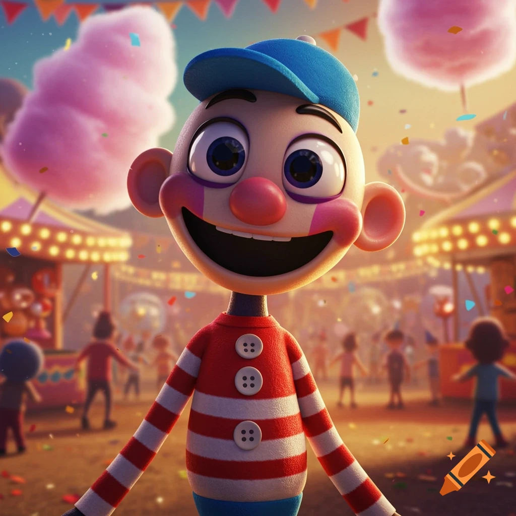 A cheerful, wide-eyed cartoon puppet in a striped shirt and blue hat smiles broadly at a lively carnival with cotton candy and confetti.