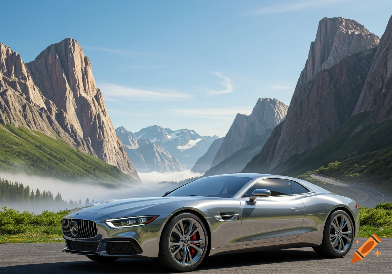 A sleek silver sports car is parked on a road, with majestic, rugged mountains and a misty valley in the background under a clear sky.