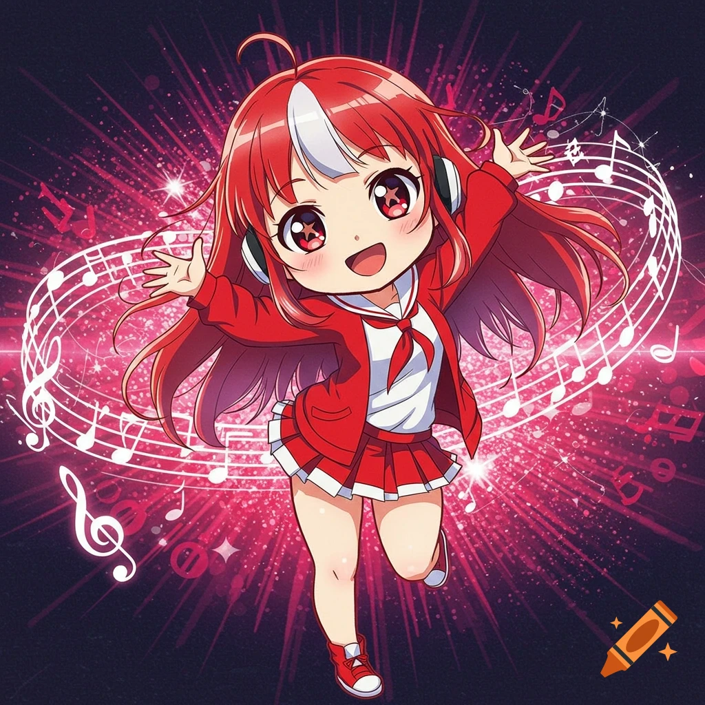 A cute anime girl with red hair and a white streak, wearing headphones and a red uniform, stands amidst swirling pink music notes.