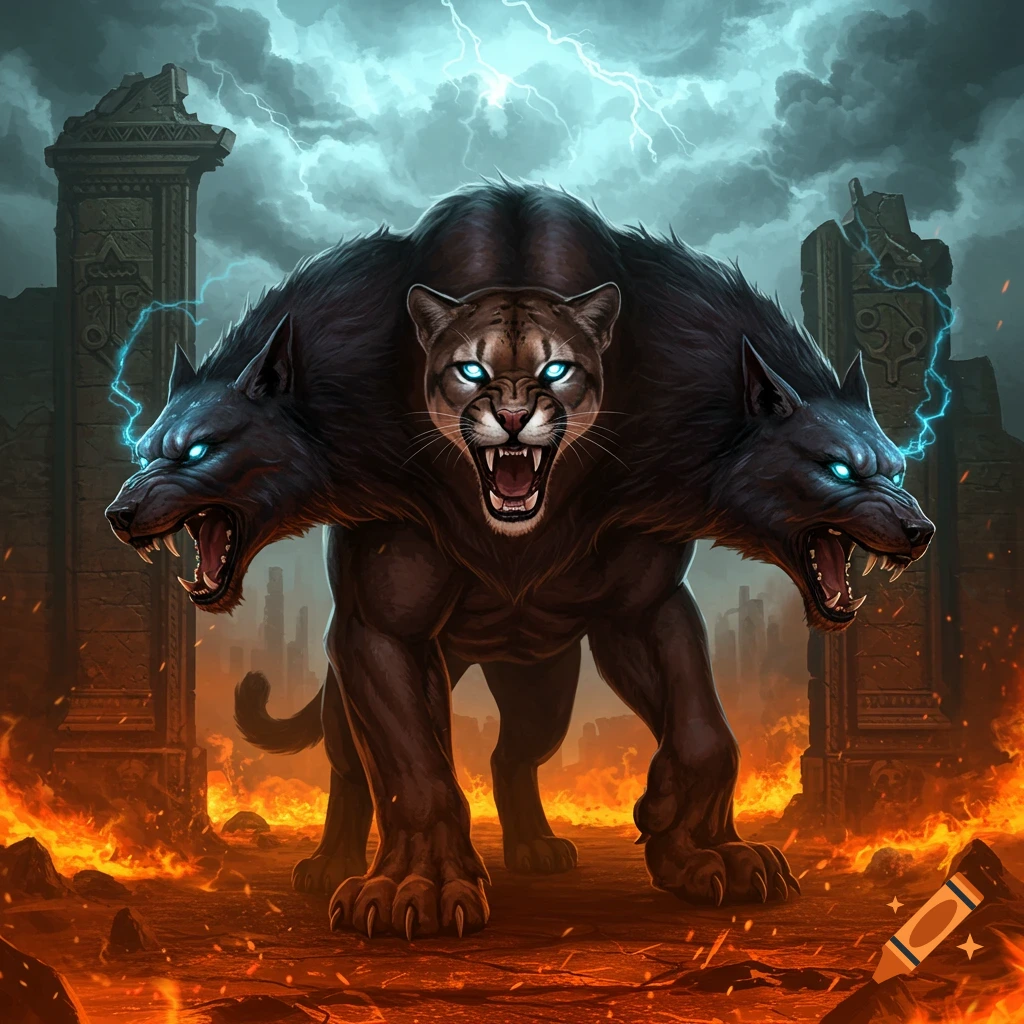 A fearsome three-headed beast, with a puma head and two dog heads, stands on scorched earth near ruins under a lightning storm in a dark fantasy style.