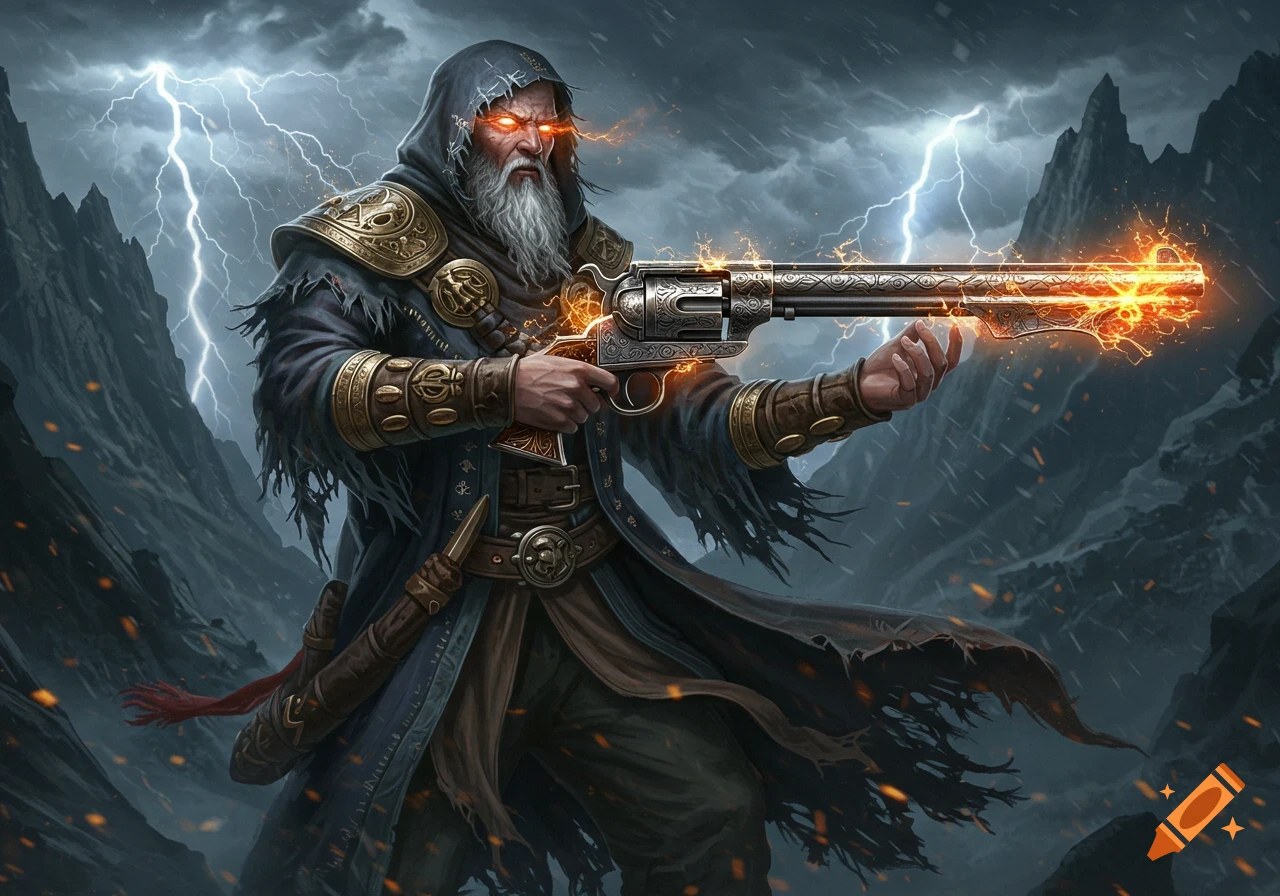 An old wizard with glowing eyes holds a fiery, ornate gun in a stormy, lightning-filled mountain landscape.